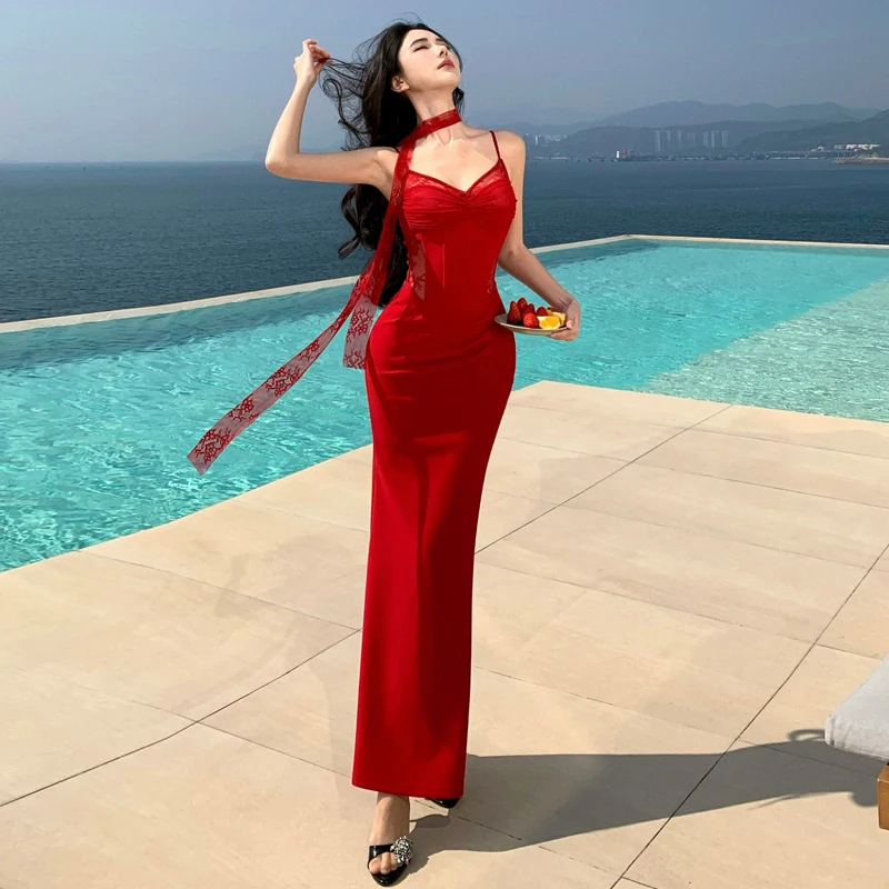 

Сексуальное кружевное облегающее платье-боди с длинной юбкой для свиданий, наряд для вечеринки, красное платье из трикотажной ткани с молнией, средняя талия, для дерзких девушек