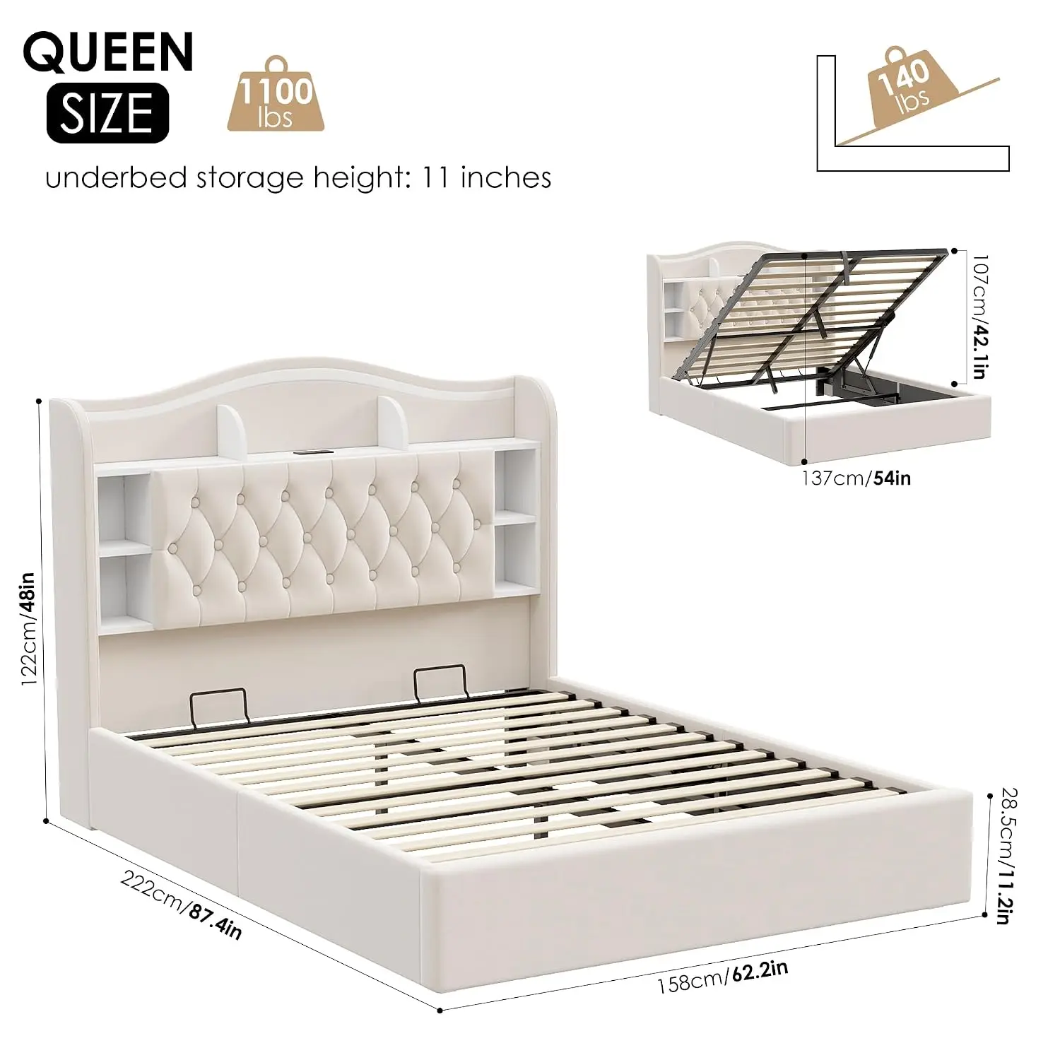 Queen Lift Up Storage Bed Frame with LED Light & USB Charging Station, Beige Upholstered Platform, Customized