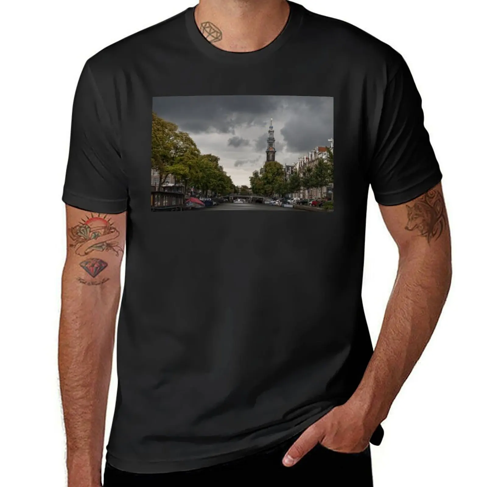 Scenic Amsterdam: Canal View with Western Tower and Quaint Merchants' Houses T-Shirt funnys cute tops mens clothing