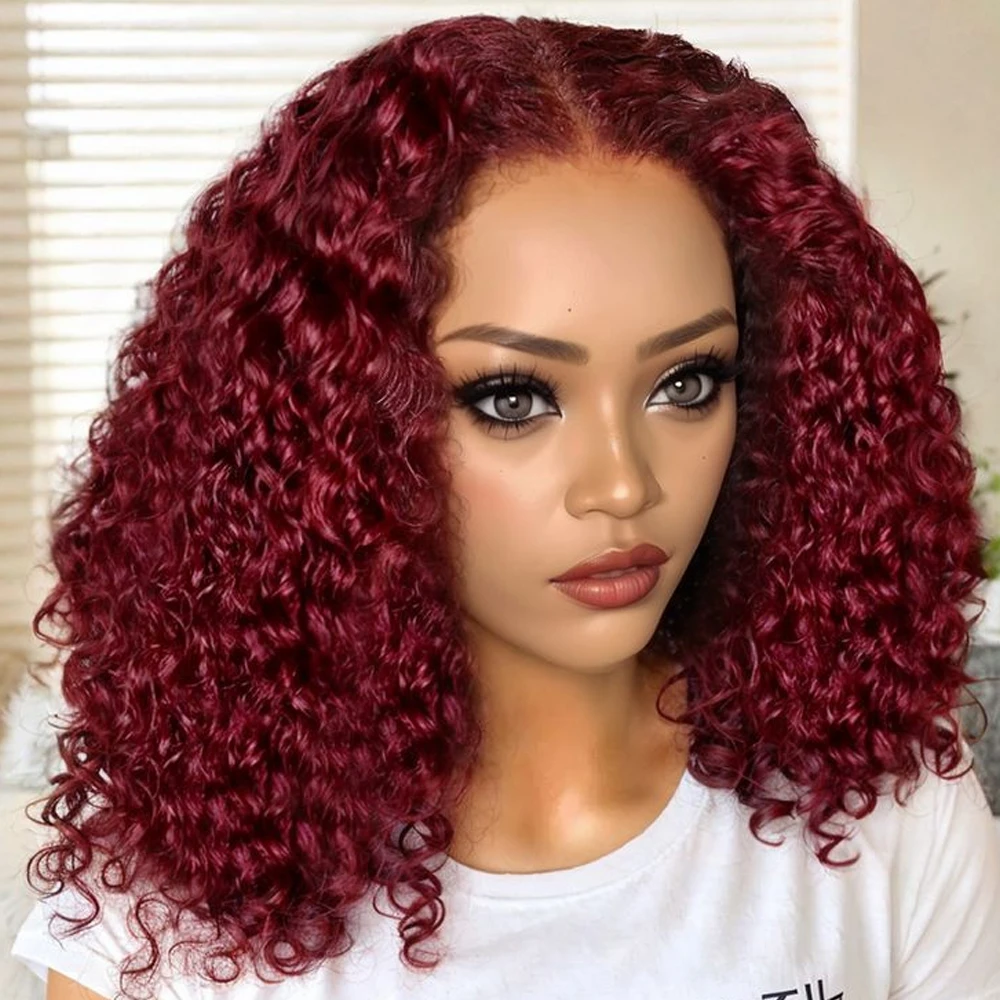

99J Burgundy curly Bob Human Hair Wigs 13x4 Lace Frontal Wig Human Hair 180 Density Pre Plucked with Baby Hair For Women