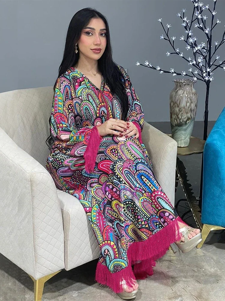 Turkey Muslim Women Long Dress Moroccan Kaftan Beadig Maxi Vestidos Tassel Robe Femme Musulman Prayer Garment Islamic Clothing