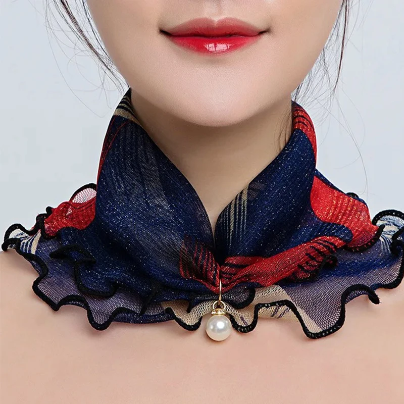 Women Fake Pearl Pendant Neckerchief Print Lace Fake Collar Chiffon Bib Necklace Korea Fashion Summer UV Resistant Ring Scarf