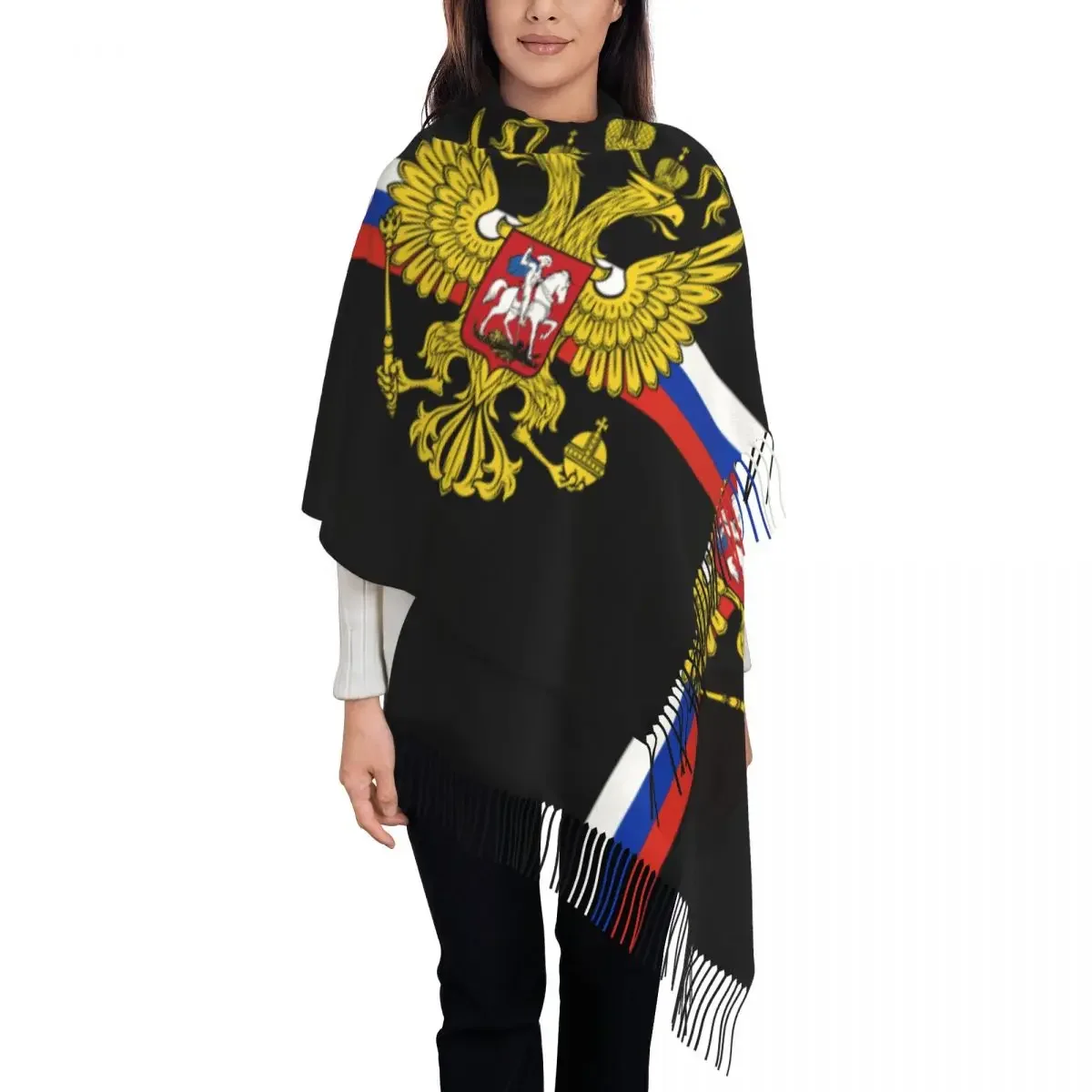 Ladies Large Coat Of Arms  Russia Scarves Women Winter Fall Soft Warm Tassel Shawl Wrap Russian Flag Scarf