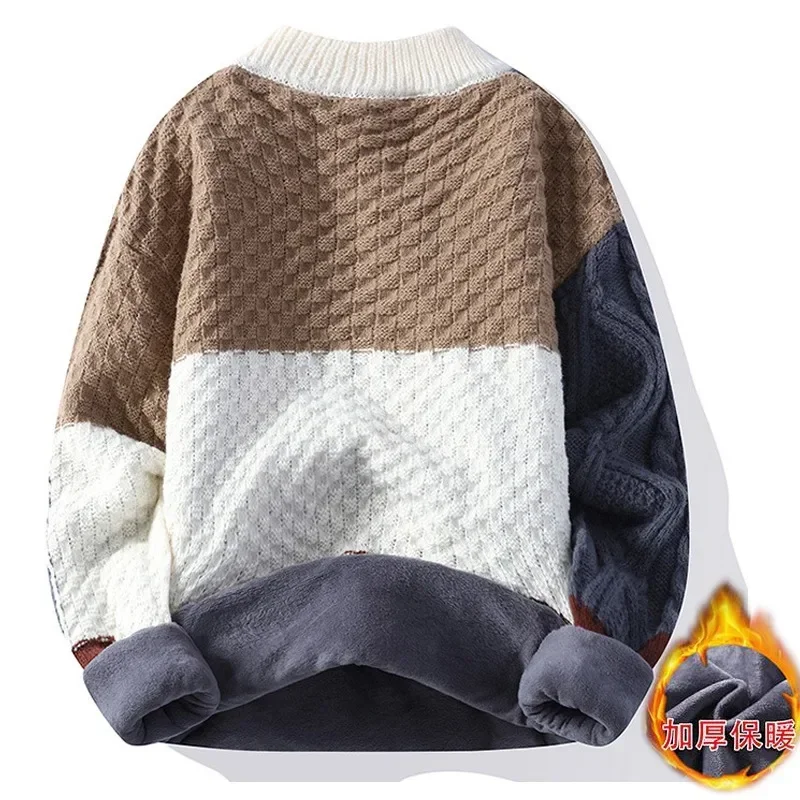 Autumn and Winter New Sweater Warm Fashion Stitching Color Matching Pullover Round Neck Sweater Thickened Knitted Sweater