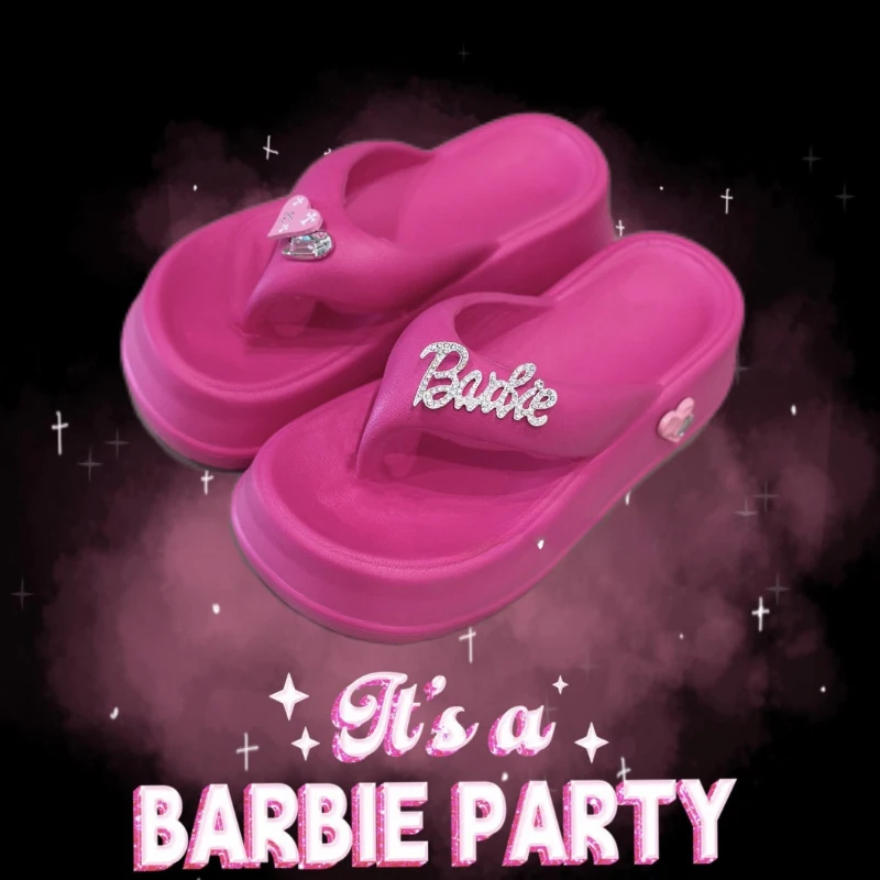 Barbie Slippers Anime Cute Cartoon Cotton Shoes Pink Kawaii Sweet Girl Beach Shoes Bathroom Slippers Non-slip Harajuku Y2k Style