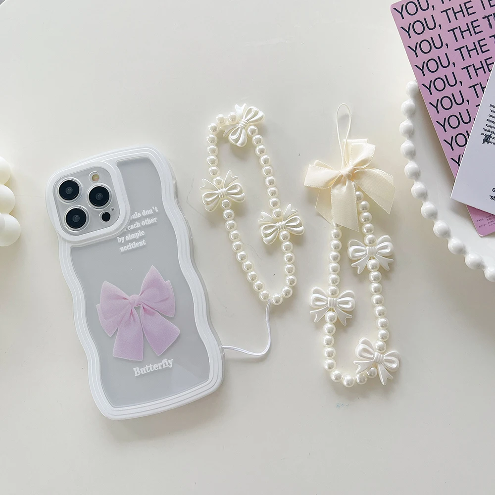 

Pearl Bow Detail Bow Phone Case Hanging Pendant Chain Anti-Drop & Anti-Lost Pearl Bow Detail Phone Decoration for All SmartPhone