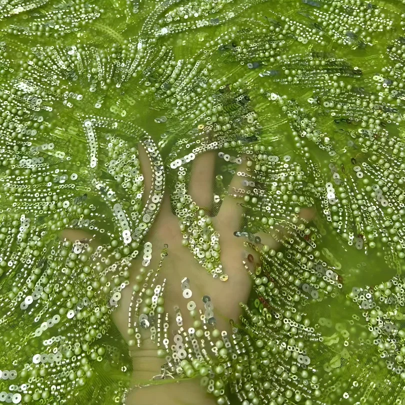 

Nigerian Lace Fabric High Mesh Quality Luxury Tulle Floral Embroidery African Sequin Beaded Lace Fabric for Sewing Wedding Dress