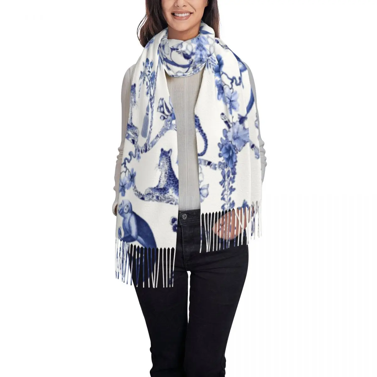 Custom Playful Menagerie Blue And White Chinoiseire Pattern Tassel Scarf Women Winter Warm Shawls Wraps Lady Porcelain Scarves