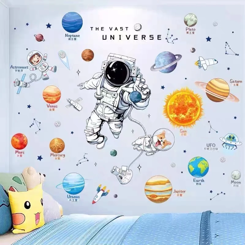 DIY Space Astronaut Wall Decal Boys\' Room Wall Decal  Decorative Children\'s Room Cosmic Sky Background Wall Art Wallpaper