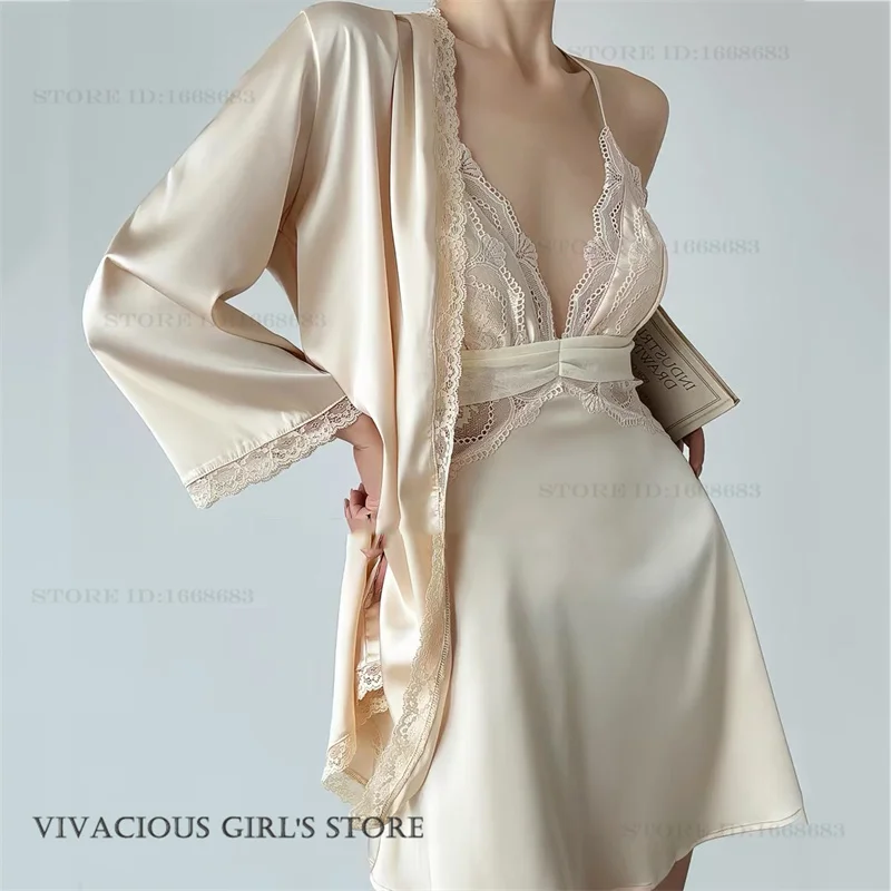 

Сексуальное кружевное женское белье: комплект из халата и ночной сорочки во французском стиле с подкладкой для груди, новинка весна-лето, домашняя одежда