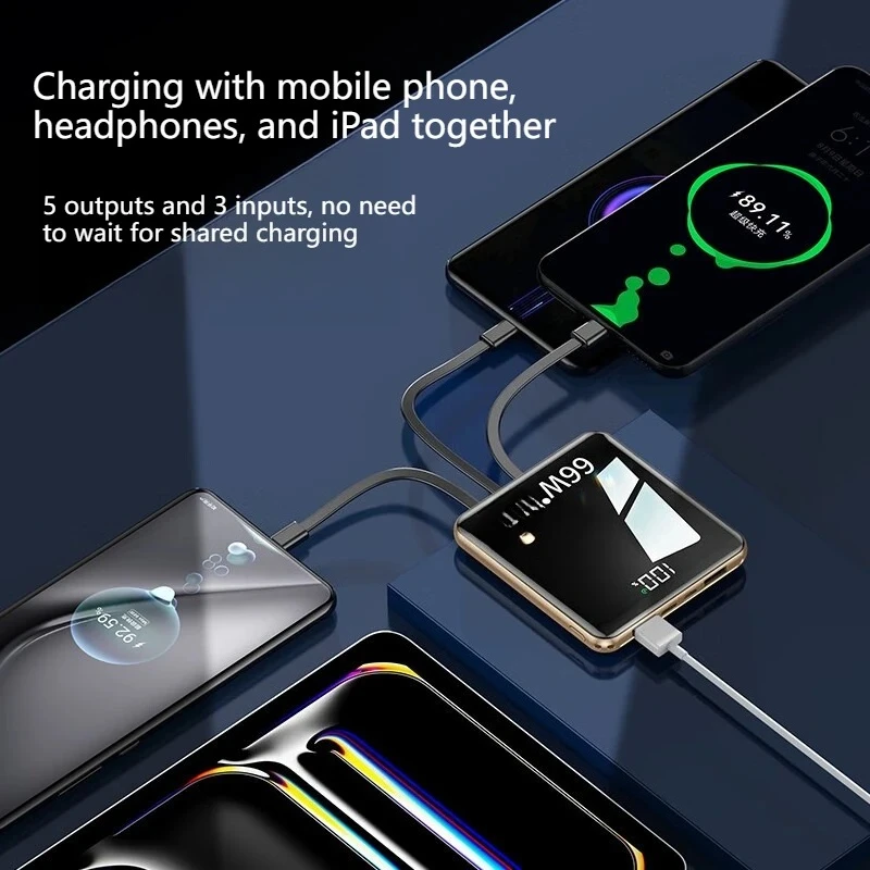 66 Вт Power Bank 10000/20000 мАч Ультратонкий, зеркальный, портативный, встроенный кабель, мини-быстрая зарядка Power Bank Сертификация 3C