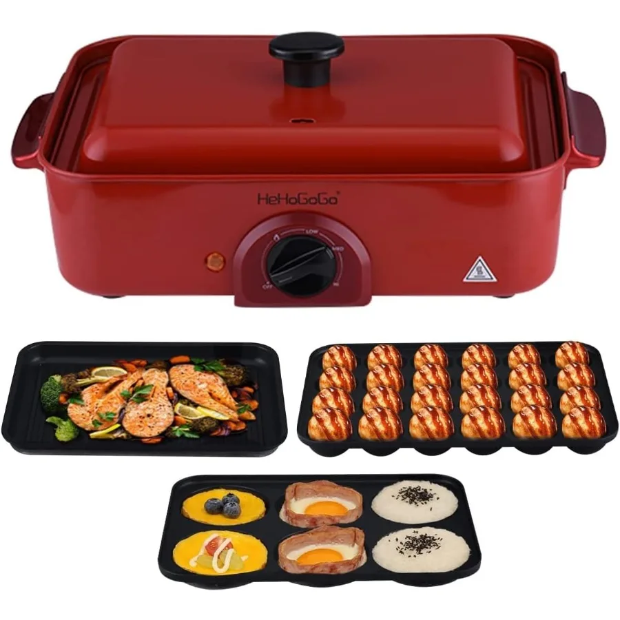 3 in 1 多機能電気グリドル 電気フライパン ノンスティックベーキングメーカー 3つの交換可能なパン付き たこ焼きケーキポ用