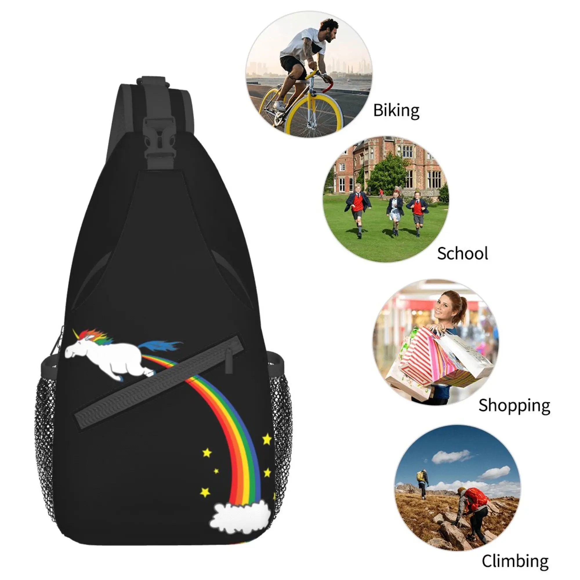 Regenbogen-Einhorn-Brusttasche, Kreuztaschen für Damen und Herren, Rucksack, Polyester, Unisex, Freizeittasche für Wandern, Laufen, Reisen, Einheitsgröße