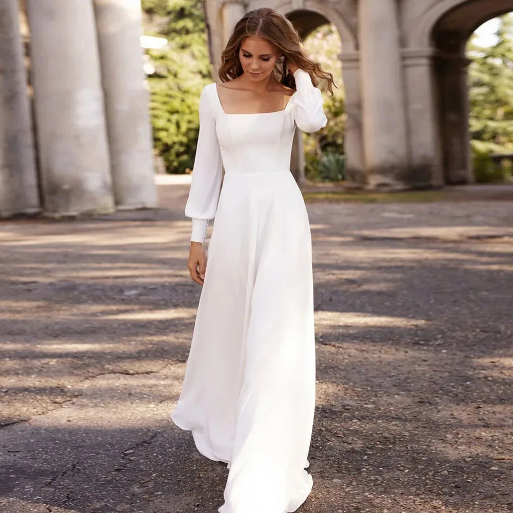 Simple A-Line Wedding Dresses Square Neck Long Sleeves Button Back Bridal Gown Floor Length Sweep Train Vestidos De Novia