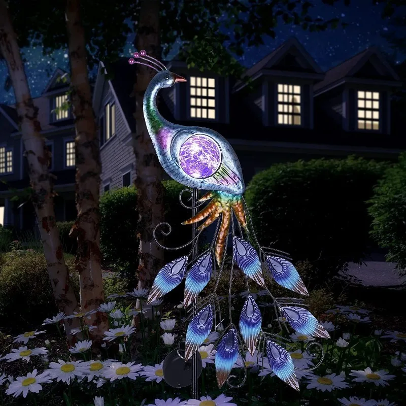 Solar Peacock Garden Stake Light Waterproof Metal LED Crackle Glass Ball Outdoor Pathway Light for Yard Patio Lawn Decoration