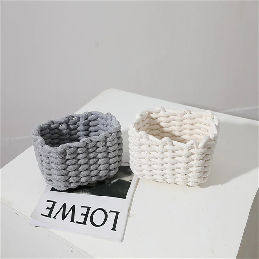 Nordic Cotton Rope Woven Small Storage Basket Rectangle Cotton Rope Storage Desktop Sundries Make up Organizer Home Decor