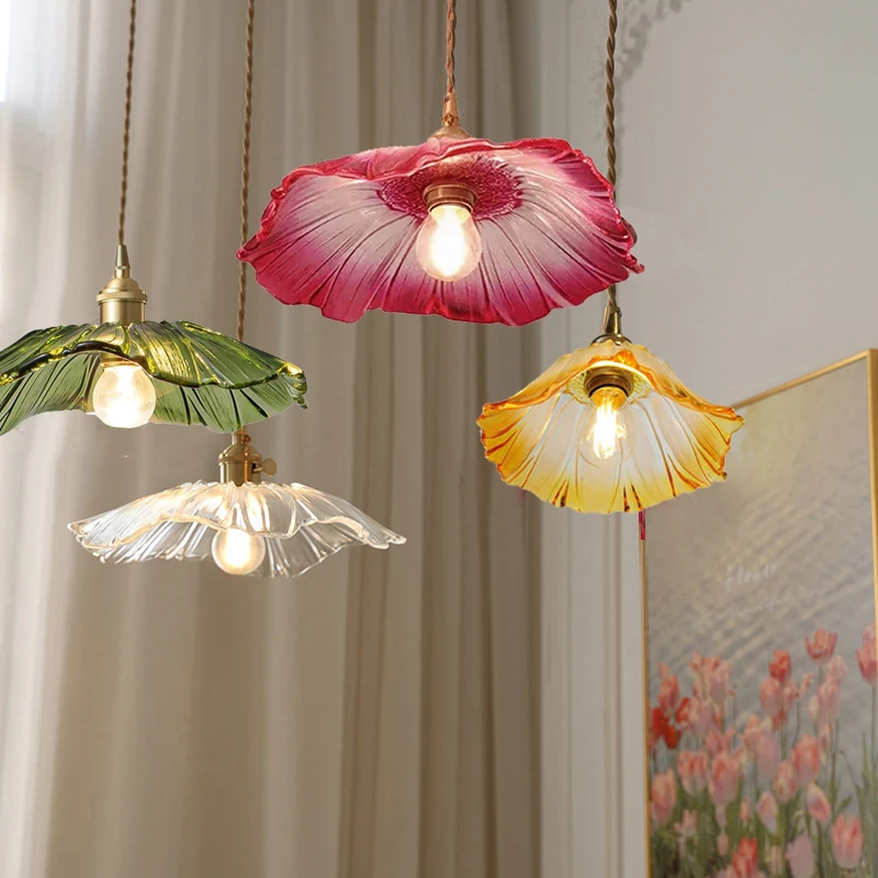 Flower Glass Pendant Lamp Copper Ceiling Chandelier Single Head Pendant Light Bedroom Lamp Hanging Light Luminaria Home Decor