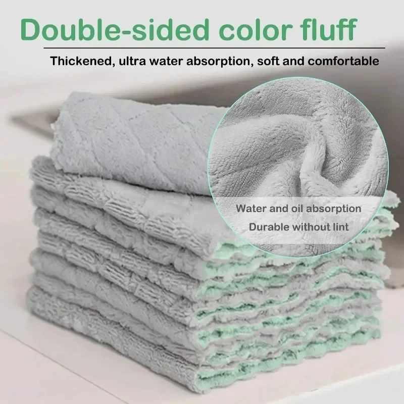 Double-layer Microfiber Towel Super Absorbent Coral Fleece Cleaning Cloths Kitchen Non-stick Oil Dishcloths Scouring Rag New