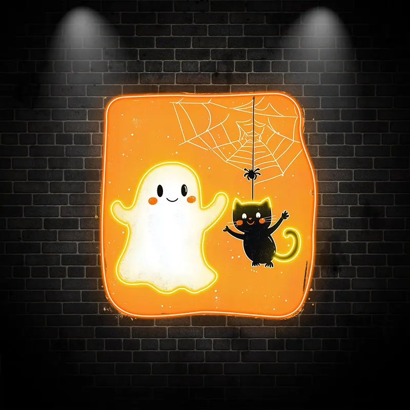 Happy Ghost & Black Cat Neon Light, LED Halloween Wall Decor for Kids, Spooky Indoor Decor,Cute Ghost Cat Design for Festive Fun