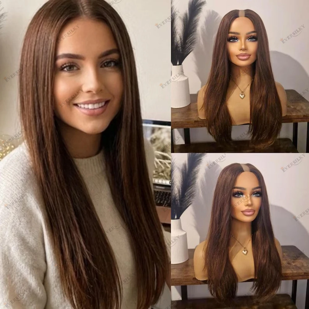 

#4 Brown Human Hair Women Silky Straight U Part Wigs 1x4 Opening Medium Brown Remy Hair V Part Wig Glueless Machine Made Easy