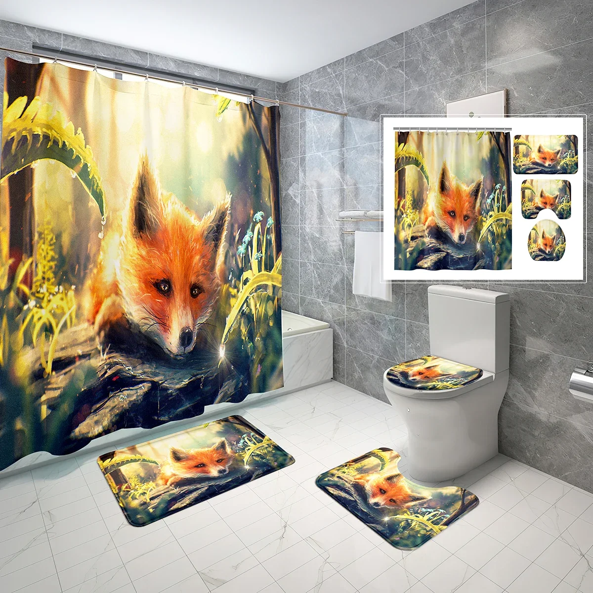 4 Pcs Fox Shower Curtain Sets Doodles Style Forest Animals Non-Slip Bath Mat Toilet Cover Waterproof Fabric Shower Curtain Set