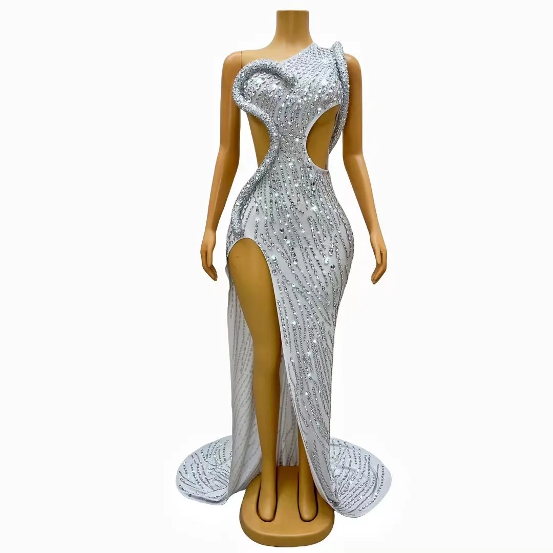 

Sexy Stage Luxury Silver Sparkly RhinestonesSplit Long Train Dress Wedding Evening BirthdaCelebrate Sexy Big Tail Dress C324