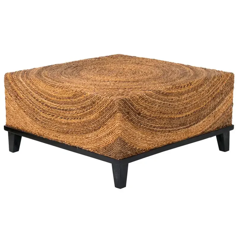 

Hand-woven modern traditional water hyacinth coffee table with solid wood base and natural veneer stool and footstool