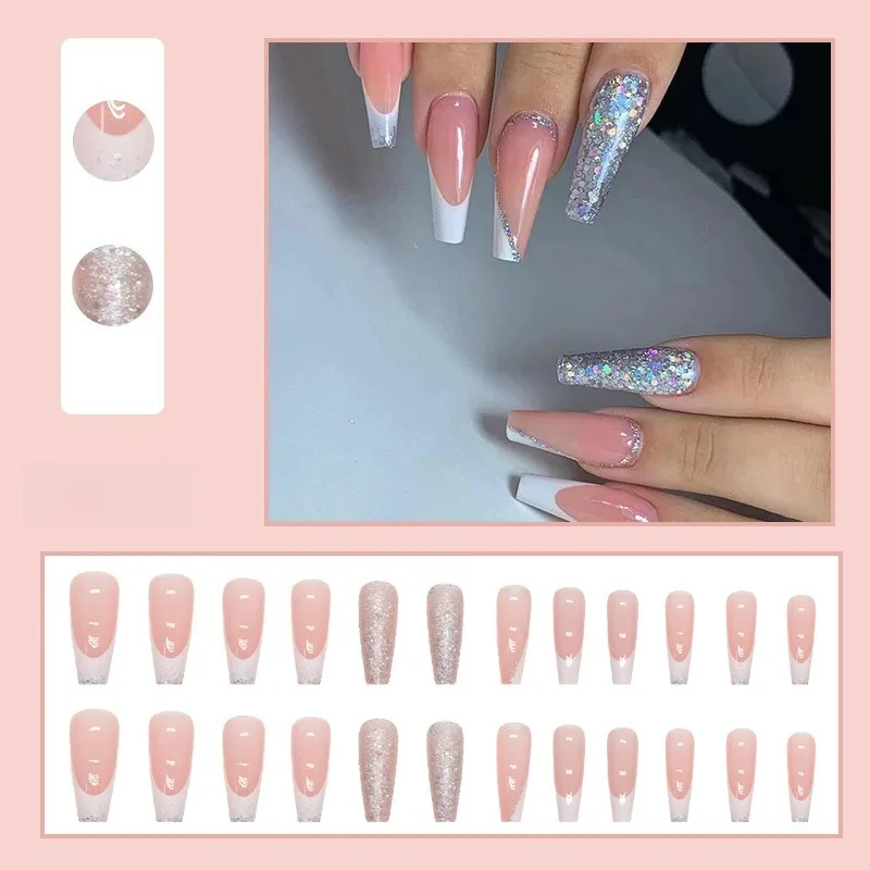 24Pcs/Set Long Ballet Fake Nails Kits Glitter Full Nail Art Simple White French Wearable False Nail Acrylic Press on Nails Set