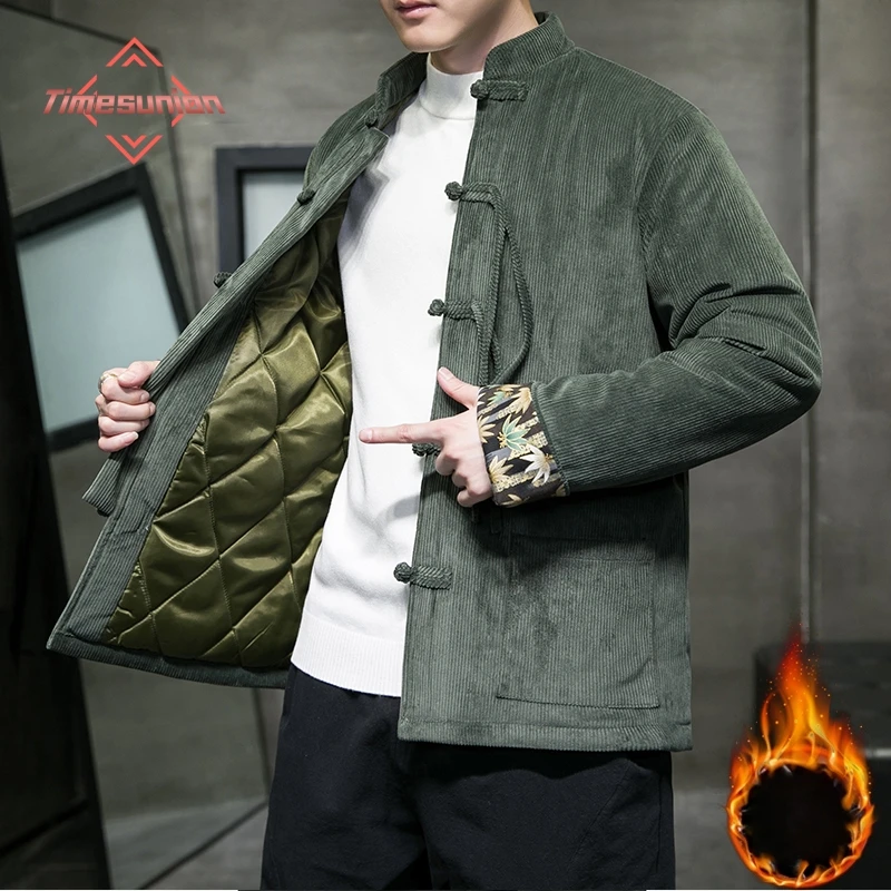 

Thickened Cotton Padded Winter Jacket Men Chinese Style Winter Coat Retro Button Design Large Size Cotton Outerwear