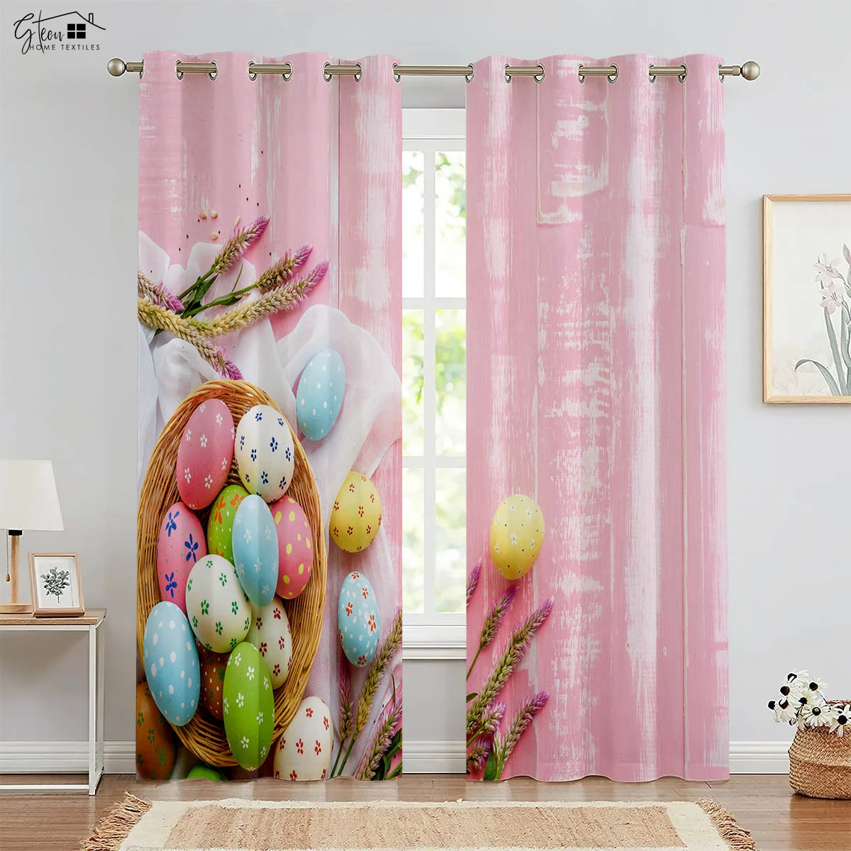 

Pink Wooden Easter Egg Bunny Cartoon Print Curtain Bedroom Living Room Kitchen Decoration Curtain Children Gift 2 Pieces