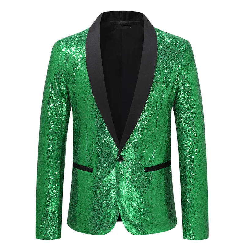 

Green Fruit Collar Shiny Sequin Performance Outfit Club Men's Host Master of Ceremonies Studio Singer Dj Jacket Large Size