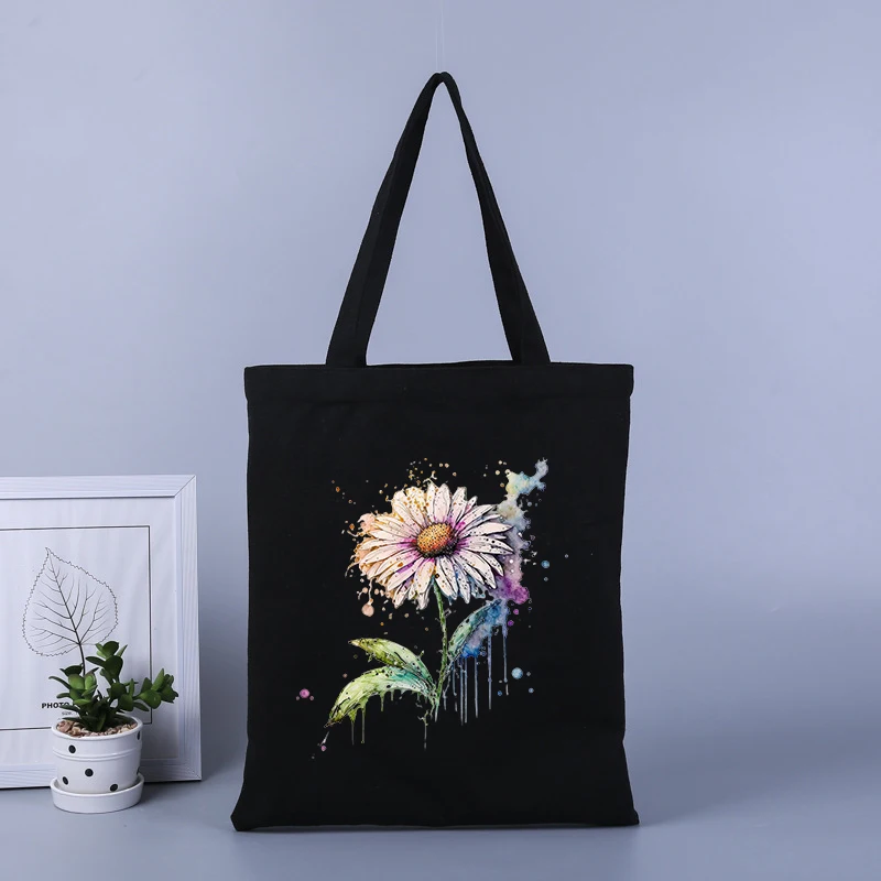 Daisies printed canvas shopping bag large capacity handbag tote bag student school bag