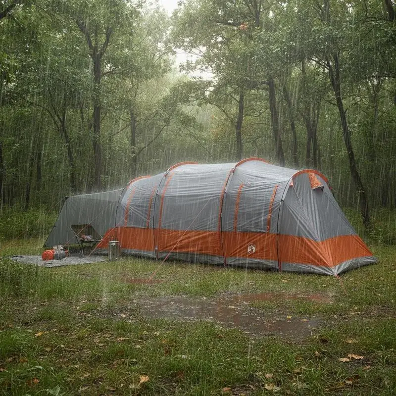 Tunnelzelt für 4 Personen: Wasserdichtes Campingzelt mit modernem Design, zwei getrennte Schlafkabinen und integrierter Stromanschlussmöglichkeit.
