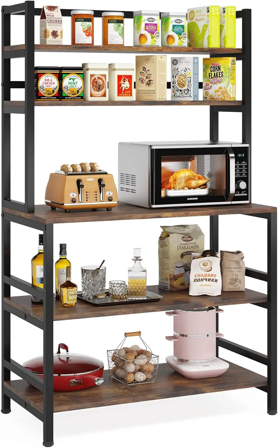 

5-Tier Kitchen Bakers Rack with Hutch,Microwave Oven Stand, Free Standing Kitchen Utility Cart Storage Shelf Organizer Brown