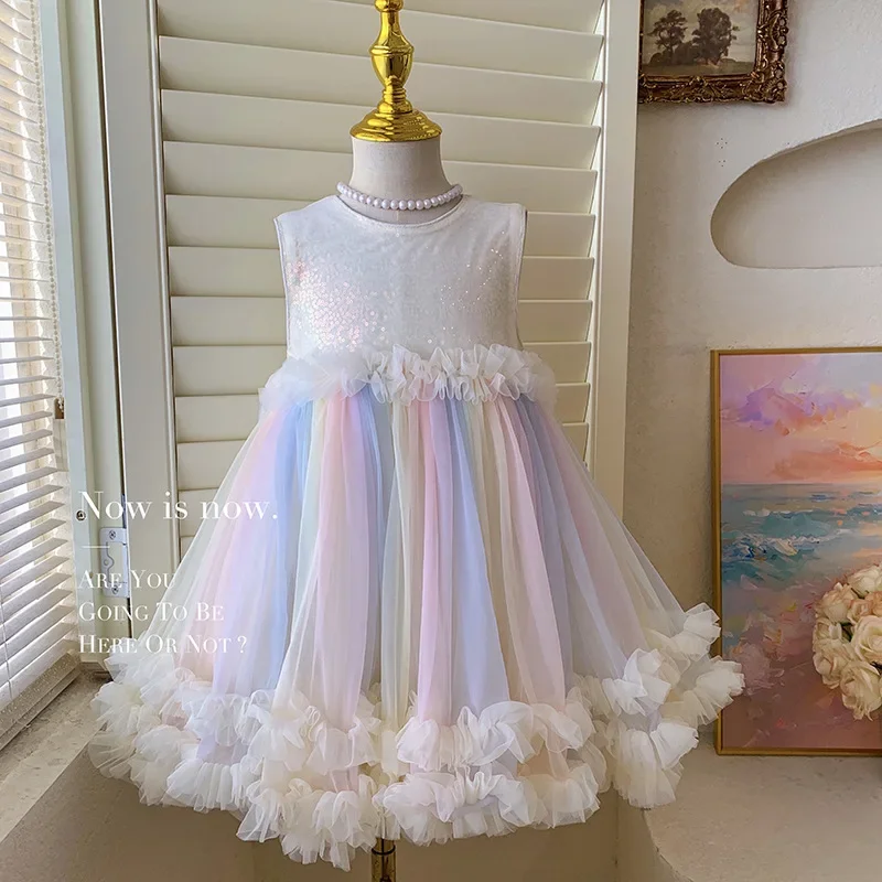 

Girls' Dress 2025 New Children's Rainbow Colorful Puff Dress Girls' Performance Princess Dress
