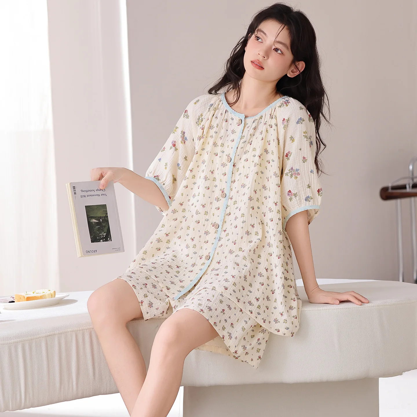 

Women's Cardigan Nightwear for Summer Short sleeve Sleeping Top Shorts Homewear Female Young Girl Sweet Loungewear Mujer Pijamas