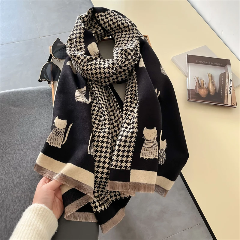 Women Winter Cashmere Scarf 2024 Cat Pashmina Luxury Brand Shawls and Wraps Bufanda Hijab Travel Stoles Echarpe Warm Blanket