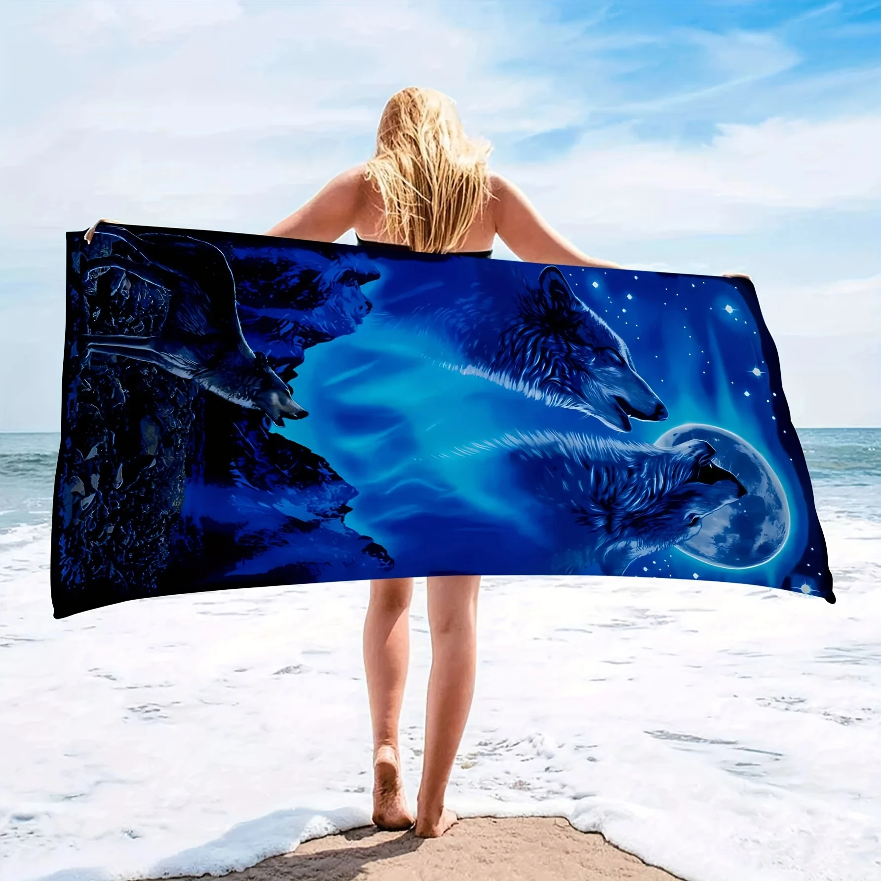 Oversized Quick Dry Microfiber Beach Towel with Wolf Pattern - Super Absorbent and Lightweight