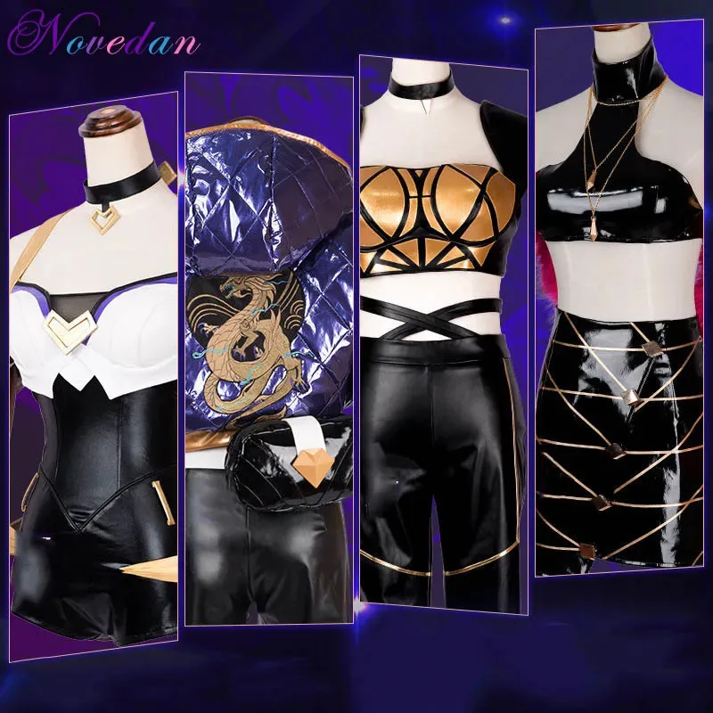 Dd12KDA LOL KDA Akali Cosplay Feminino Conjunto Completo para Calças Luvas Bolsa Halloween