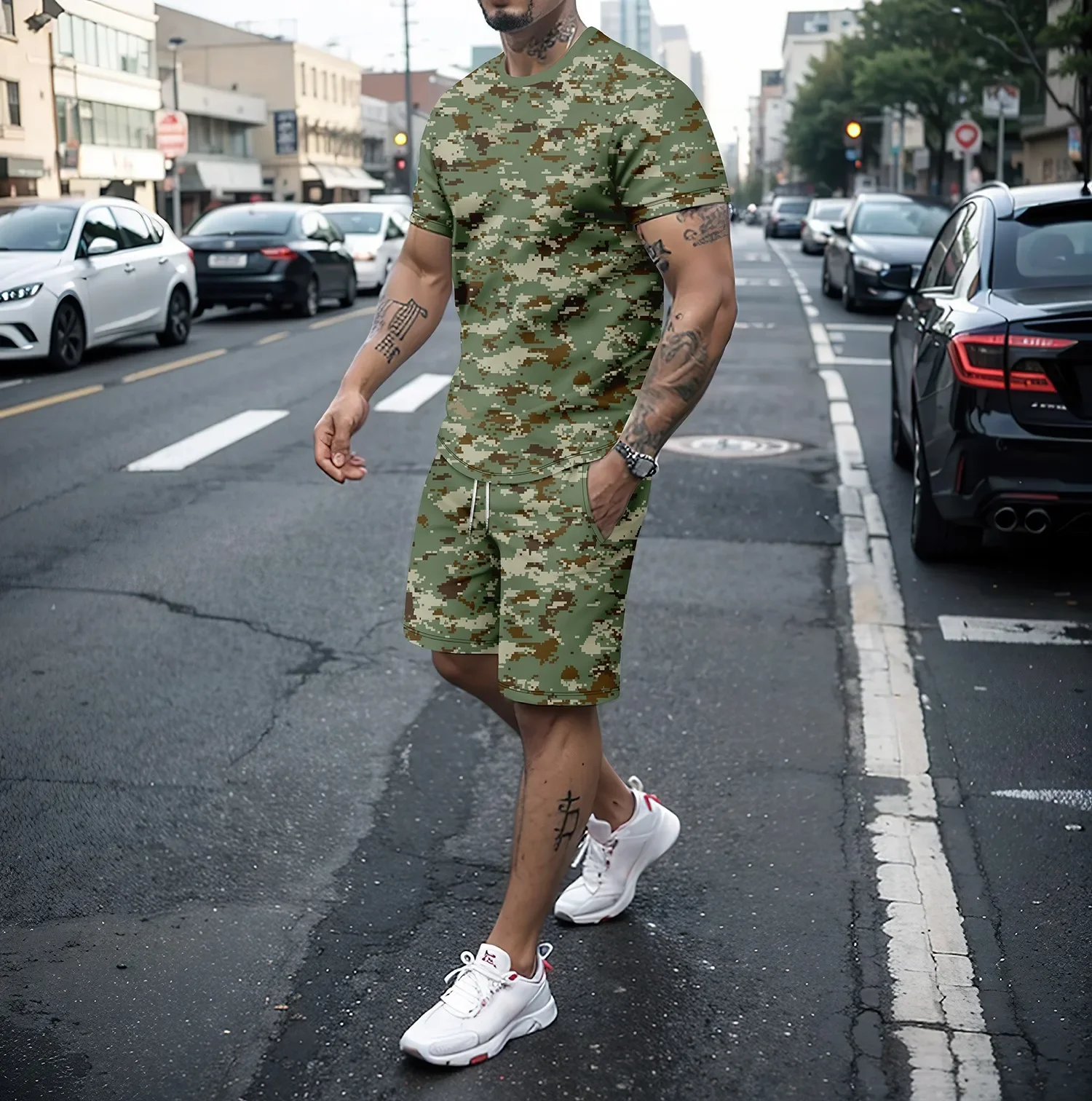 Traje de dos piezas para hombre, pantalones cortos de manga corta 3D, ropa informal de camuflaje para correr, viajes al aire libre, novedad de 2024