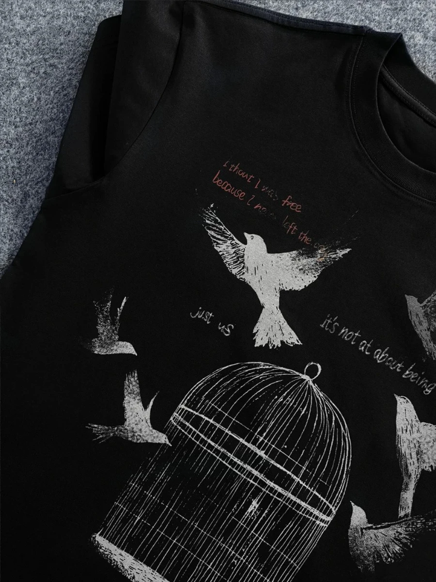 Original Design Digital Print Loose-fitting Couple T-shirt with Caged Pigeons - Short Sleeve Y2K European and American Style