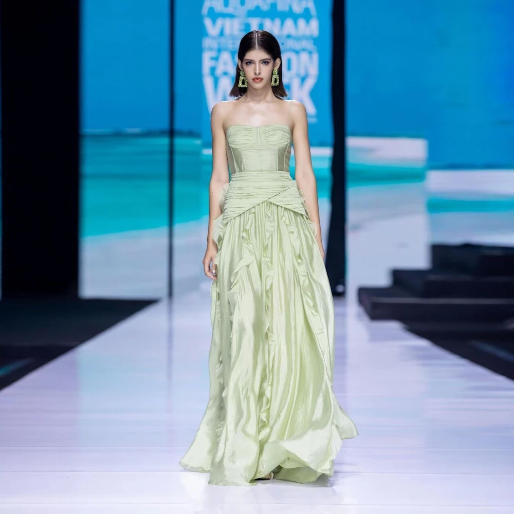 ROSELLA Light Green Square Collar Maxi Dress Spaghetti Straps Ruffles Formal Gown Floor Length Pleated A Line Evening Gown