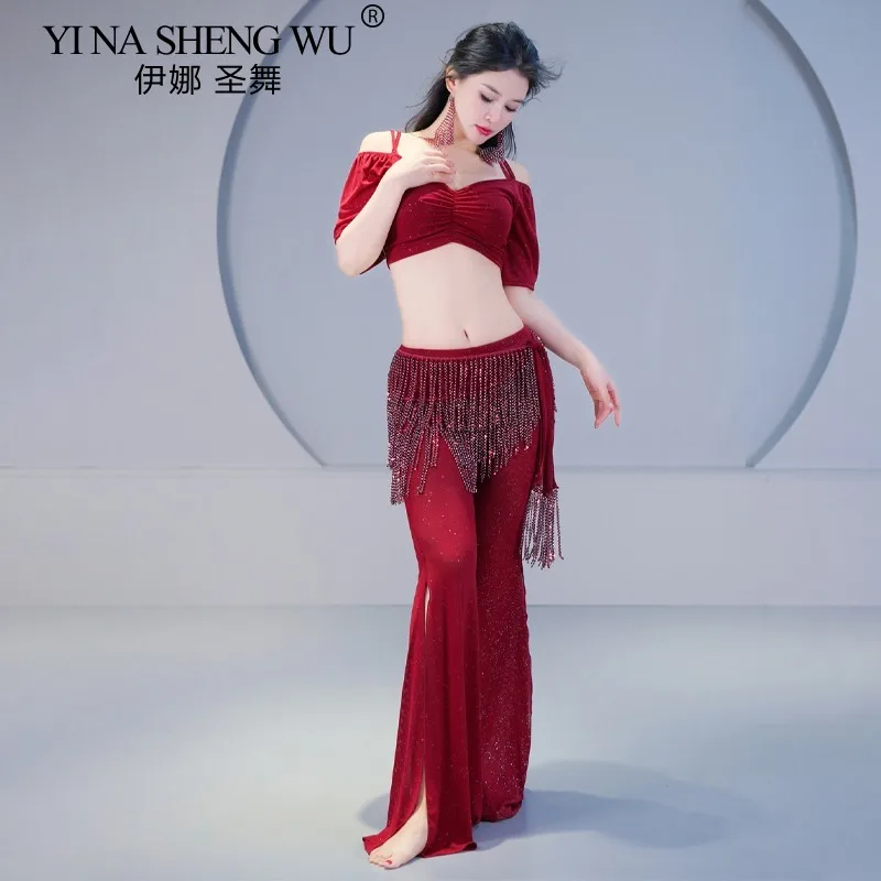 

Женский костюм для восточного танца, классная одежда для танца живота, прозрачная сетчатая одежда, расклешенные брюки, костюм Shimmy, топ, брюки, хип-шарф