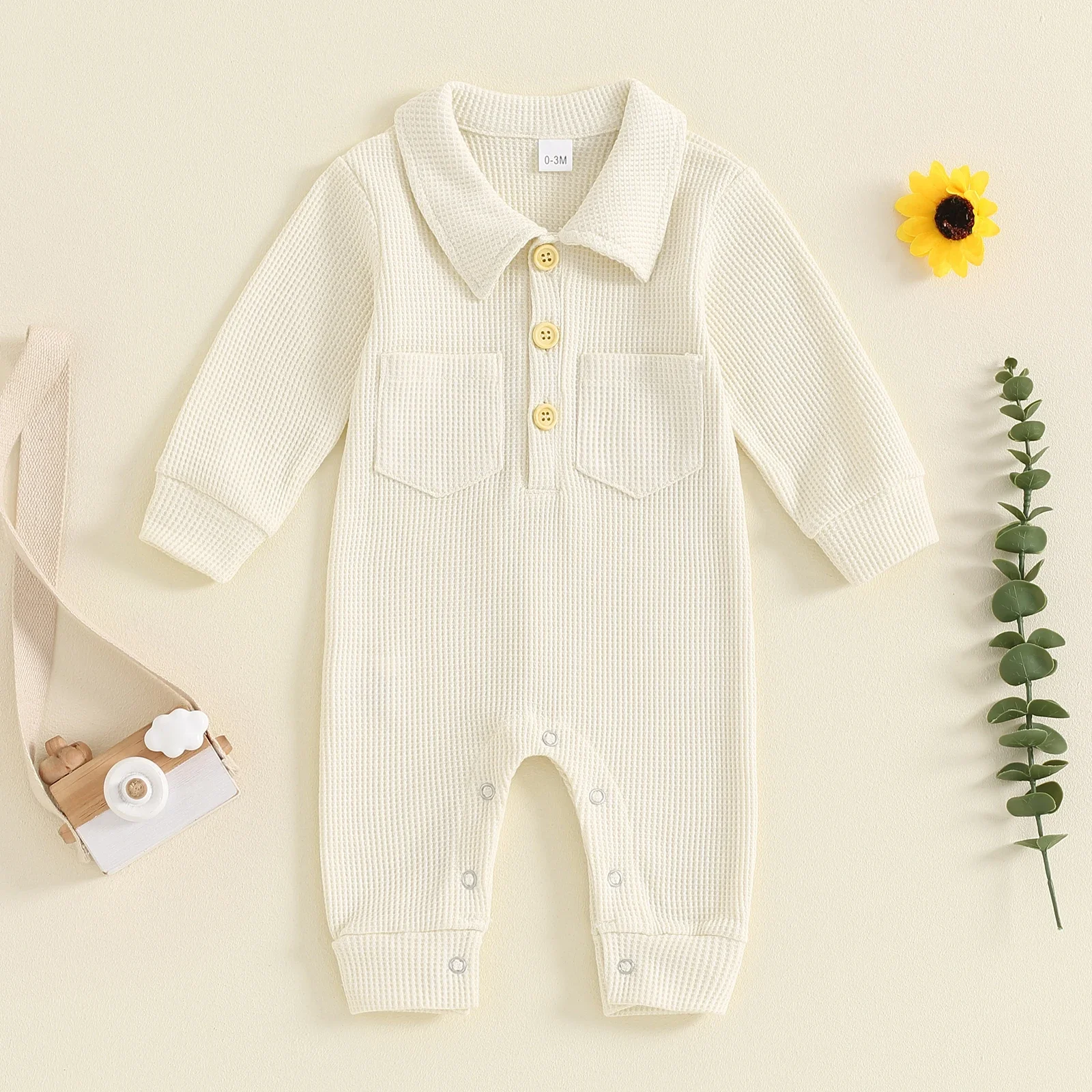 Newborn Baby Boys Jumpsuit Autumn Winter Long Sleeve Turn-down Collar Solid Romper Toddler Cotton 0-18 Months Playsuits Clothes