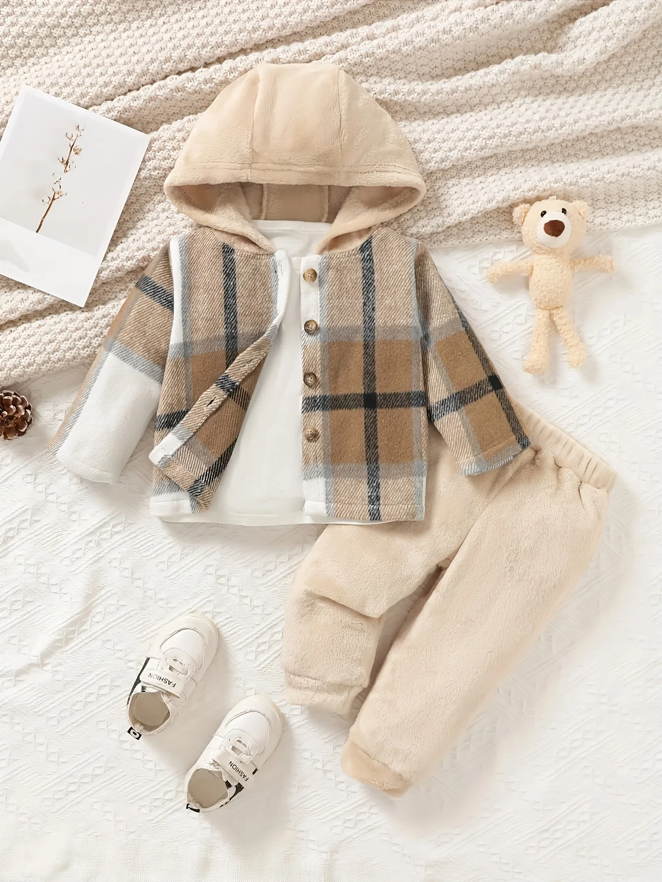 Baby Boy Plaid Patchwork Flannel Outfit with Hooded Top And Long Pants Warm Casual Adorable Two-Piece Set