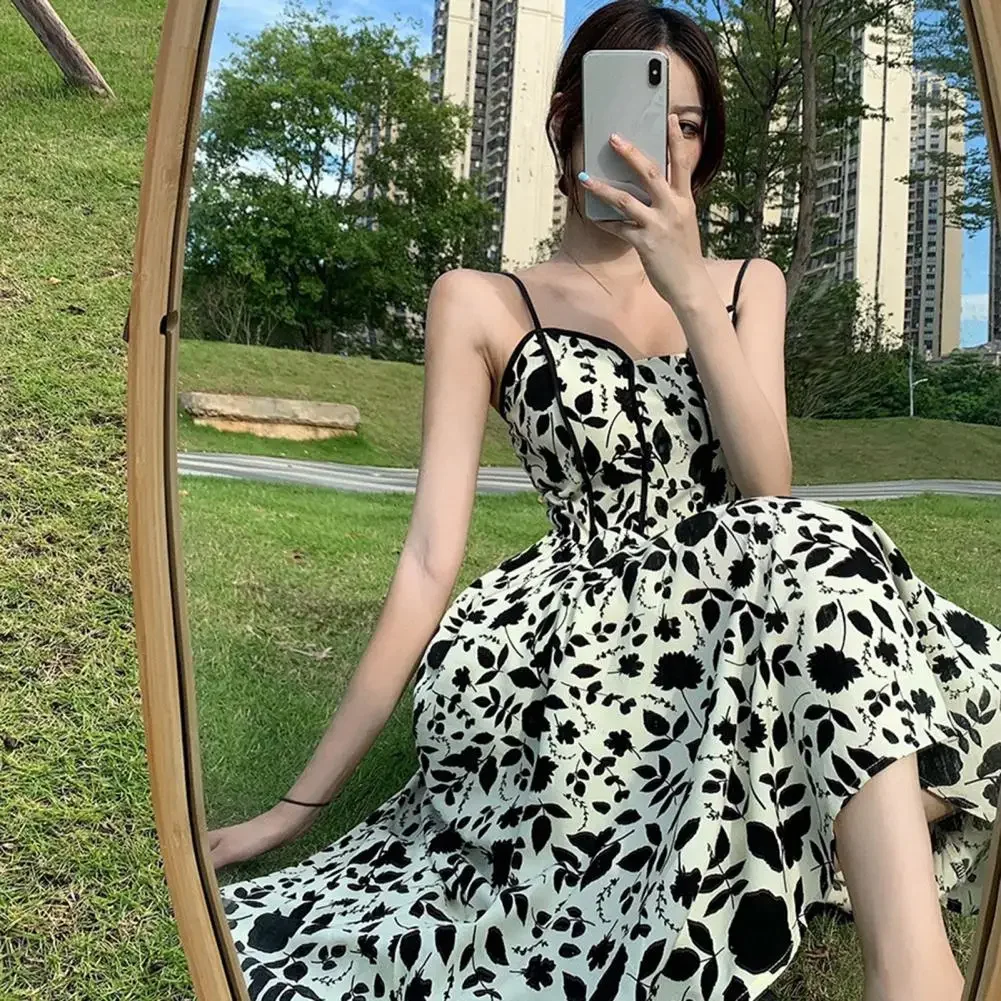 

Sling Dress Elegant Suspender Dress Elegant Vintage Floral Print Midi Dress for Women V-neck Summer Party with High for Evening