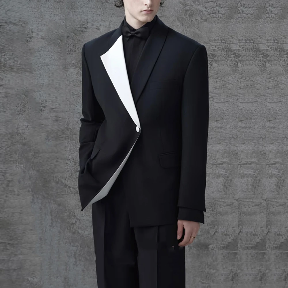 

Elegant Black Patchwork Single Button Men Suits 2 pieces Set (Jacket+Pants) Wedding Evening Party Formal Event Male Clothing