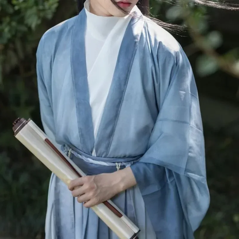 Robes Hanfu bleues chinoises pour hommes, robe à manches longues de la dynastie Jin, haut à col rond, jupe imprimée, vêtements pour hommes sans-abri, automne