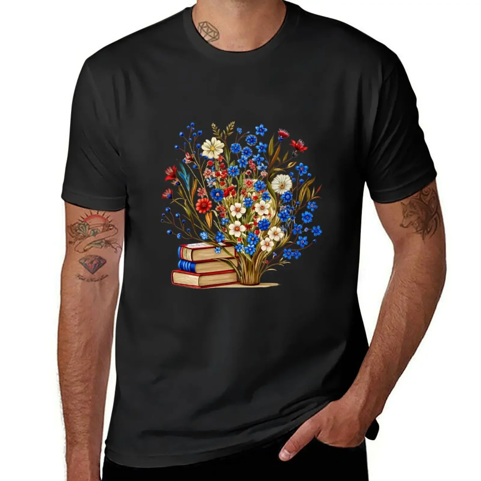 Spring Blossoms and Books: A Harmony of Nature and Knowledge. T-Shirt anime Blouse mens clothes