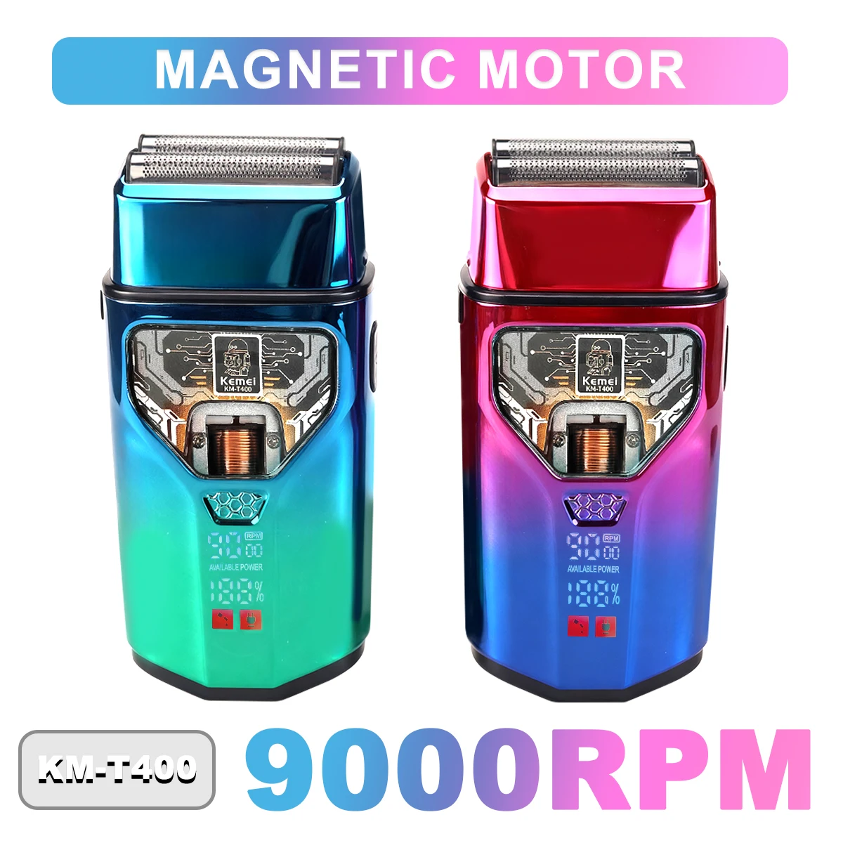 KEMEI KM-T400 máquina de afeitar para hombres doble lámina 9000RPM 5W Motor de levitación magnética pantalla LCD Afeitadora eléctrica profesional